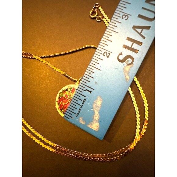 Heavy HMK Signed Cloisonné Poinsettia Pendant Necklace On 26" Chain - Picture 7 of 9